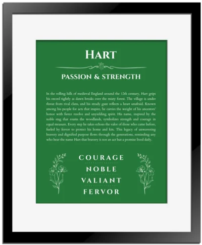Hart name origin print with meaning and traits in dark green with black matte frame