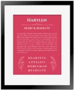 Hartlen personalized name print with origin and traits in red with black matte frame