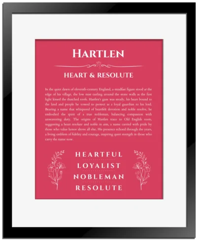 Hartlen personalized name print with origin and traits in red with black matte frame