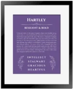 Hartley name meaning wall art by Get Your Story in purple with black matte frame