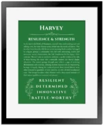 Harvey personalized name print with origin and traits in dark green with black matte frame