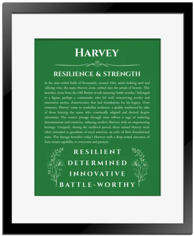 Harvey personalized name print with origin and traits in dark green with black matte frame