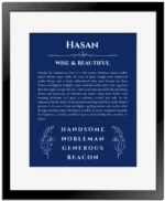 Hasan personalized wall art with the story of your name in deep blue with black matte frame