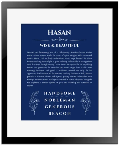 Hasan personalized wall art with the story of your name in deep blue with black matte frame