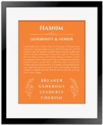 Hashim name meaning wall art by Get Your Story in orange with black matte frame