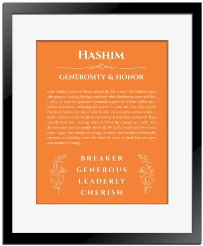 Hashim name meaning wall art by Get Your Story in orange with black matte frame