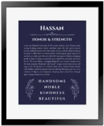Hassan personalized name meaning print in navy blue with black matte frame