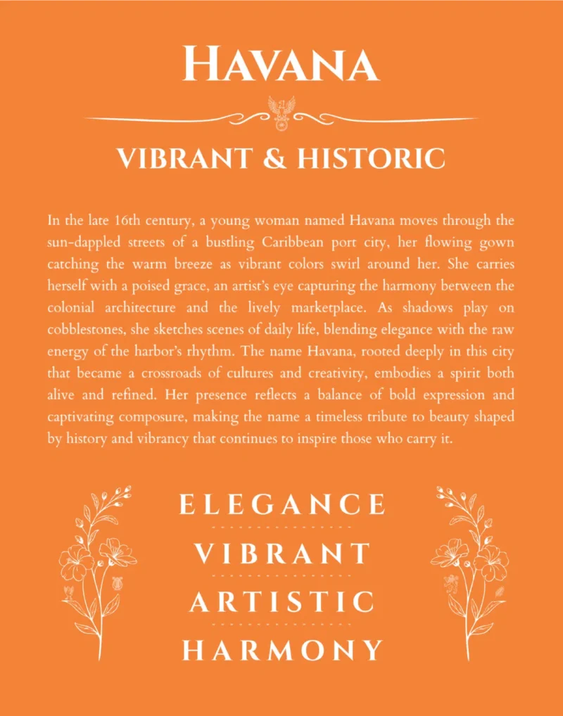 Havana personalized name art with origin story in orange