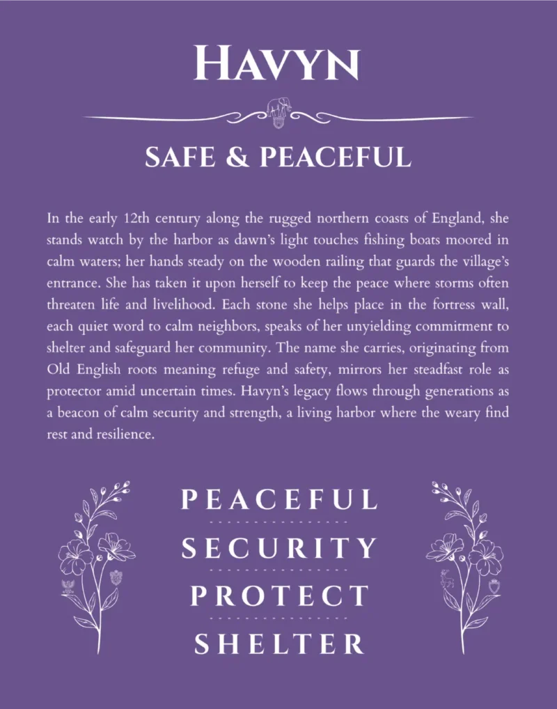 Havyn name origin print with meaning and traits in purple