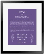 Havyn name origin print with meaning and traits in purple with black matte frame