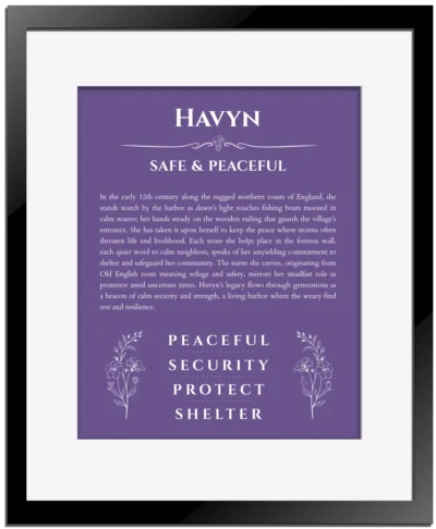 Havyn name origin print with meaning and traits in purple with black matte frame