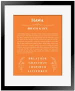 Hawa name meaning gift print in orange with black matte frame