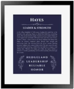 Hayes name meaning gift print in navy blue with black matte frame