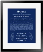 Haylee name meaning gift print in deep blue with black matte frame