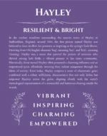Hayley name origin print with meaning and traits in purple