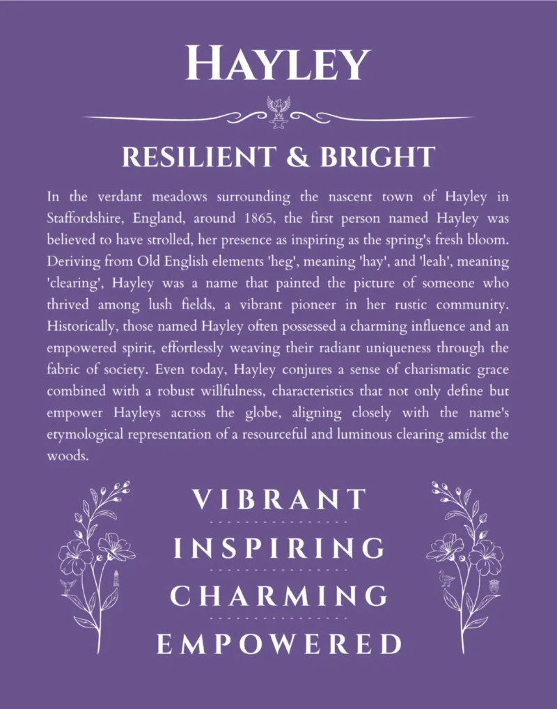 Hayley name origin print with meaning and traits in purple