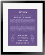 Hayley name origin print with meaning and traits in purple with black matte frame