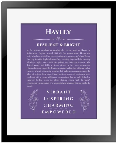 Hayley name origin print with meaning and traits in purple with black matte frame