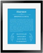 Haysen name meaning wall art by Get Your Story in blue with black matte frame