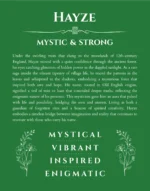 Hayze personalized name print with origin and traits in dark green