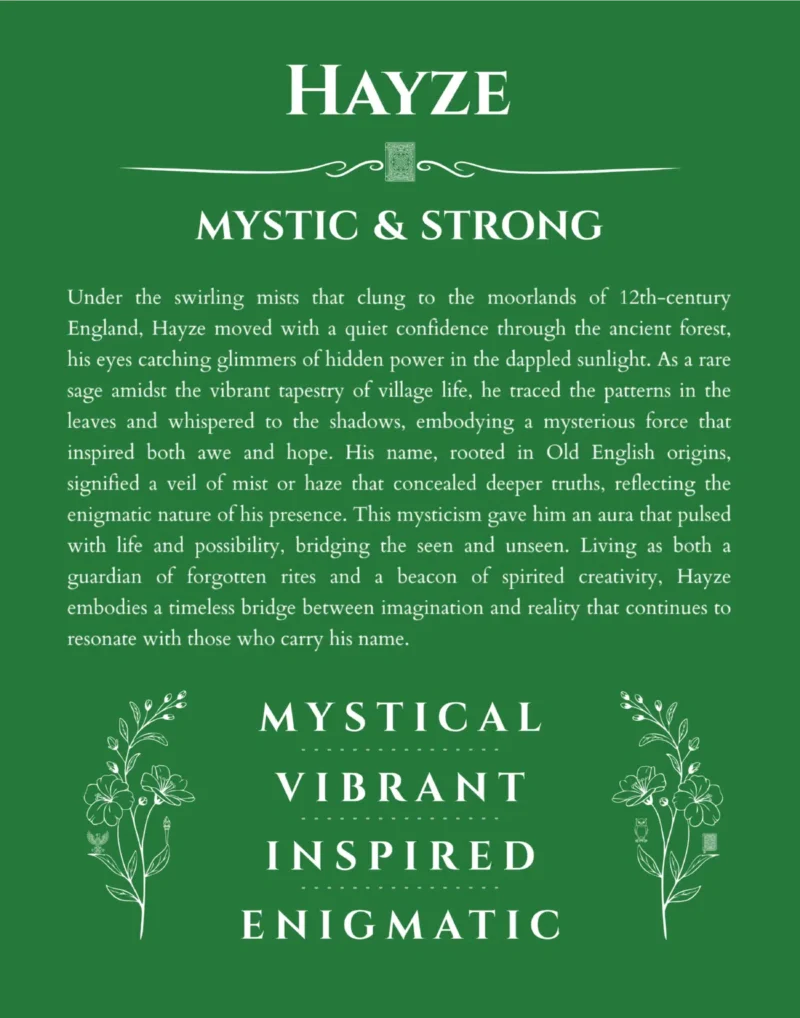 Hayze personalized name print with origin and traits in dark green