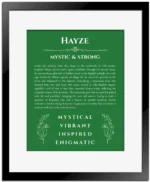 Hayze personalized name print with origin and traits in dark green with black matte frame