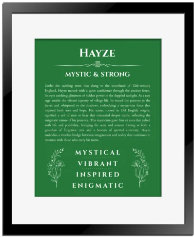Hayze personalized name print with origin and traits in dark green with black matte frame