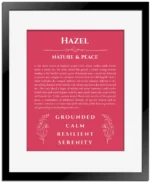 Hazel name origin print with meaning and traits in red with black matte frame