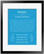 Hazen name origin print with meaning and traits in blue with black matte frame