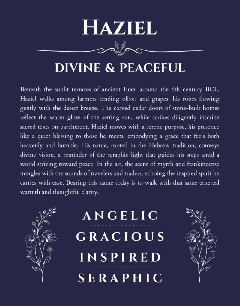 Haziel custom name art showing meaning and origin in navy blue