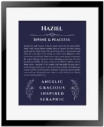 Haziel custom name art showing meaning and origin in navy blue with black matte frame