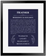 Heather personalized name meaning print in navy blue with black matte frame