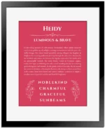 Heidy personalized name art with origin story in red with black matte frame