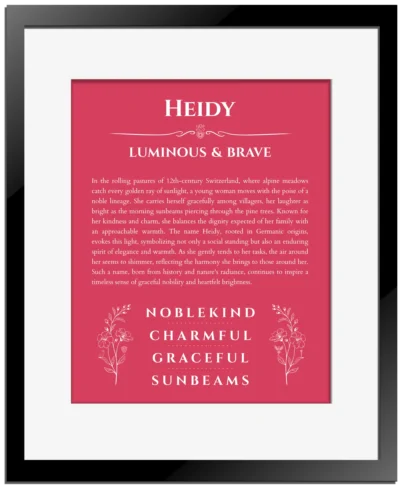 Heidy personalized name art with origin story in red with black matte frame