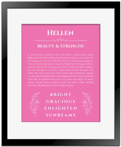 Hellen custom name art showing meaning and origin in pink with black matte frame