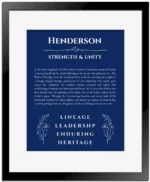Henderson custom name art showing meaning and origin in deep blue with black matte frame