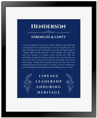 Henderson custom name art showing meaning and origin in deep blue with black matte frame
