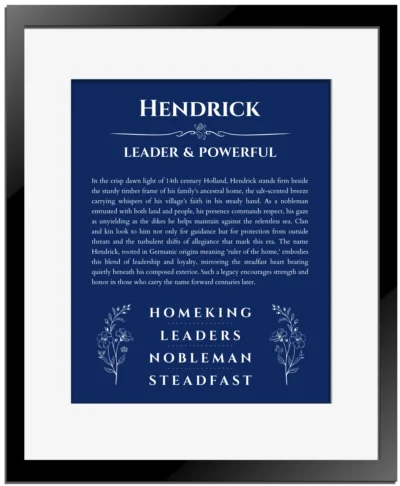 Hendrick custom name print for wall display in deep blue with black matte frame