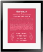 Hendrik personalized wall art with the story of your name in red with black matte frame
