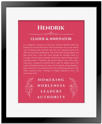 Hendrik personalized wall art with the story of your name in red with black matte frame