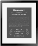Hendrixx personalized name print with origin and traits in gray with black matte frame