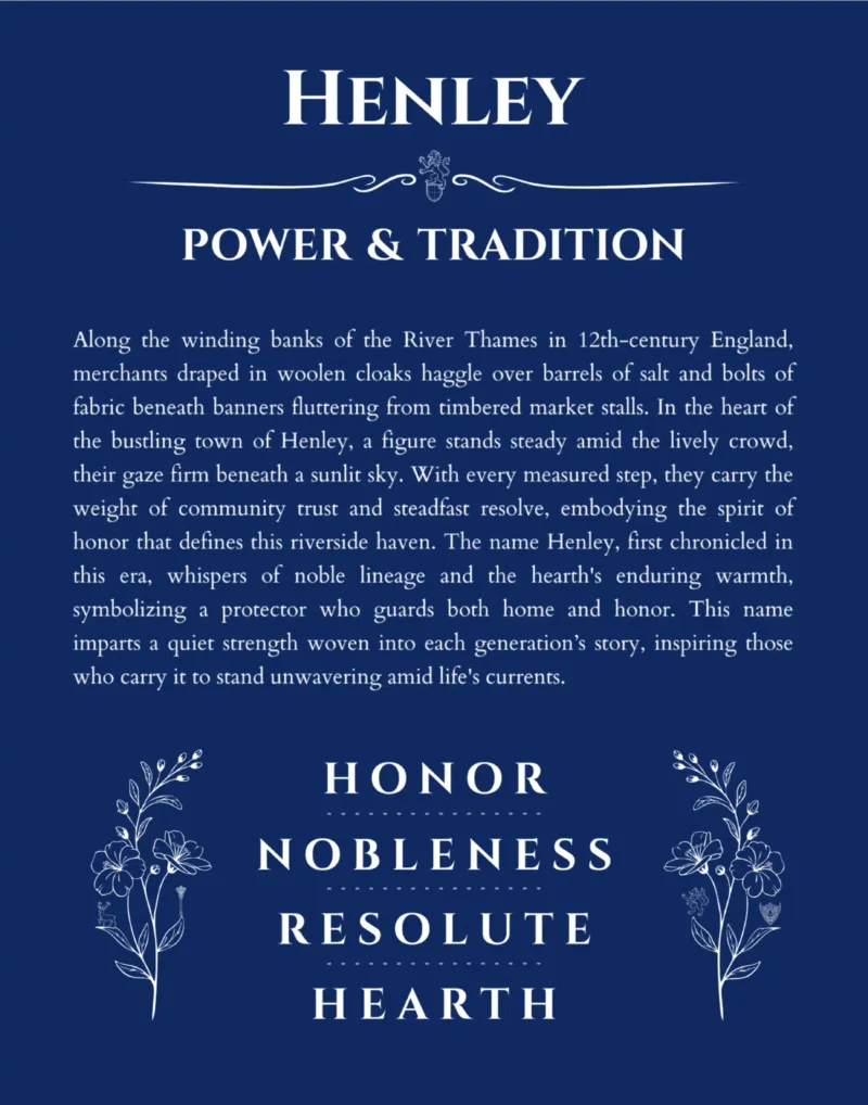 Henley custom name art showing meaning and origin in deep blue