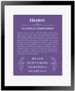 Henny personalized name art with origin story in purple with black matte frame