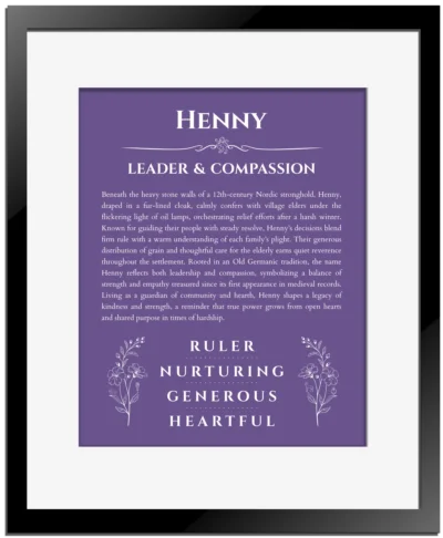 Henny personalized name art with origin story in purple with black matte frame