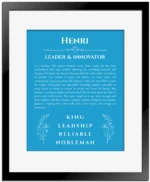 Henri custom name print for wall display in blue with black matte frame