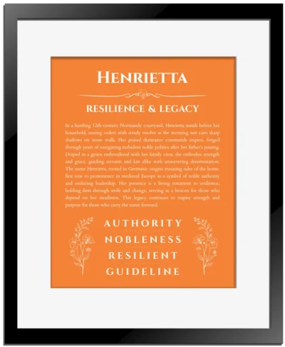 Henrietta custom name meaning print in orange with black matte frame