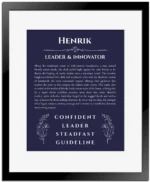 Henrik name meaning gift print in navy blue with black matte frame
