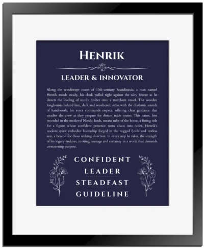 Henrik name meaning gift print in navy blue with black matte frame