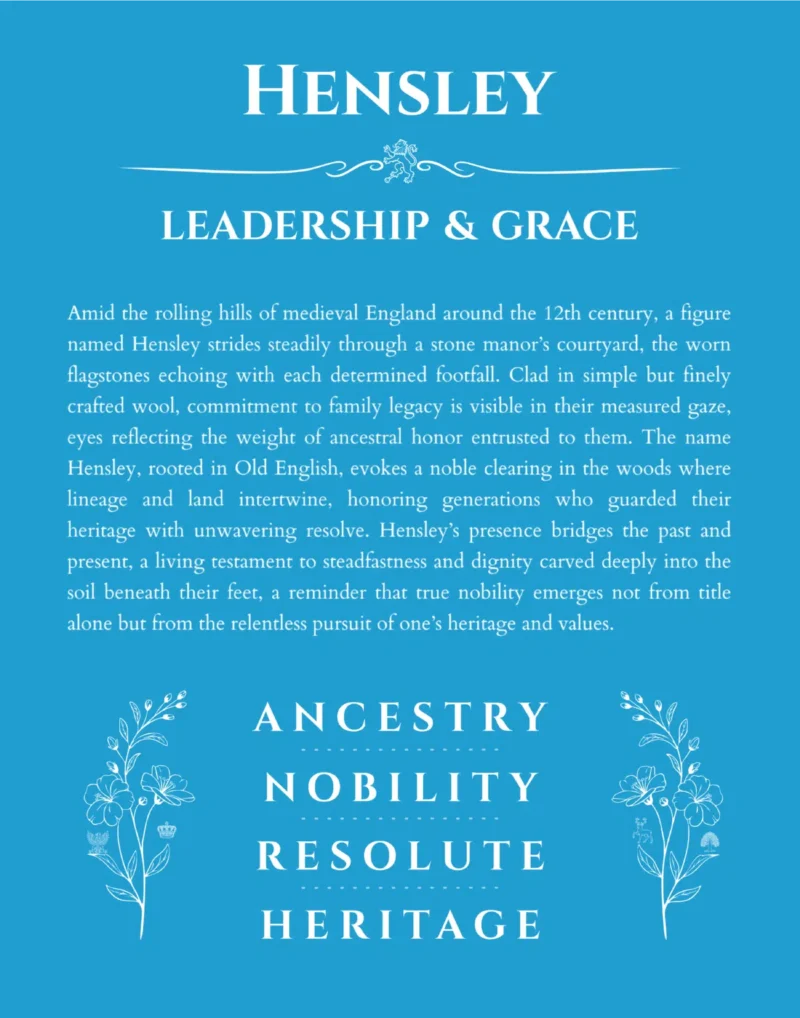 Hensley personalized name art with origin story in blue