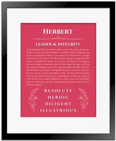 Herbert name meaning wall art by Get Your Story in red with black matte frame